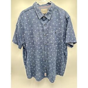 Flag & Anthem Men's XL Blue Short Sleeve Button Up Shirt Novelty Print Cotton Ca